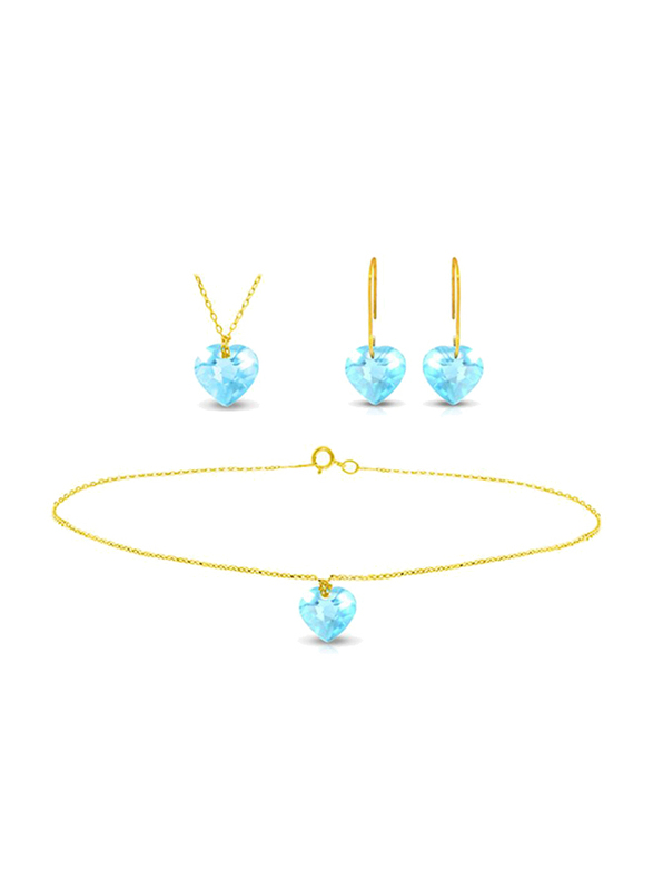 Vera Perla 3-Pieces 10K Solid Yellow Gold Jewellery Set for Women, with Necklace, Bracelet and Earrings, with 7mm Topaz Stone, Gold/Blue