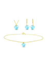 Vera Perla 3-Pieces 10K Solid Yellow Gold Jewellery Set for Women, with Necklace, Bracelet and Earrings, with 7mm Topaz Stone, Gold/Blue