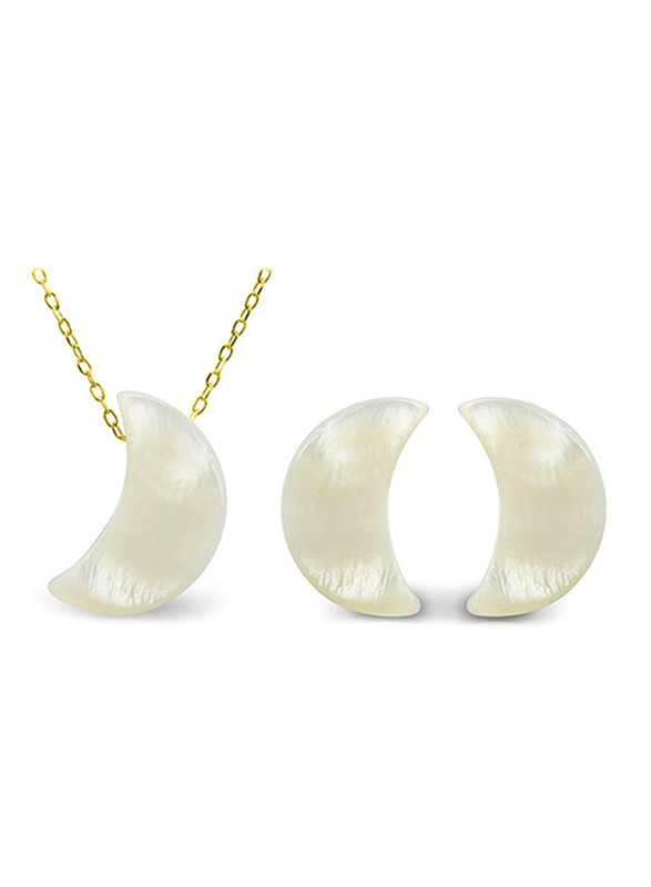 Vera Perla 2-Pieces 10K Gold Jewellery Set for Women, with Necklace and Earrings, with Small Crescent Shape Mother of Pearl Stone, White/Gold