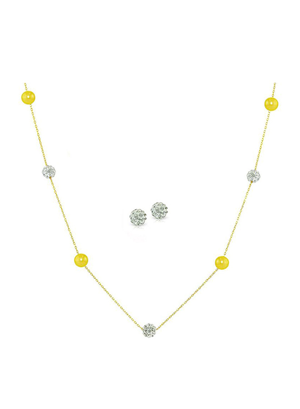 Vera Perla 2-Pieces 18K Solid Gold Jewellery Set for Women, with Necklace and Earrings, with Built-in Gradual Crystal Ball and Pearls Stone, Gold/Clear/Yellow