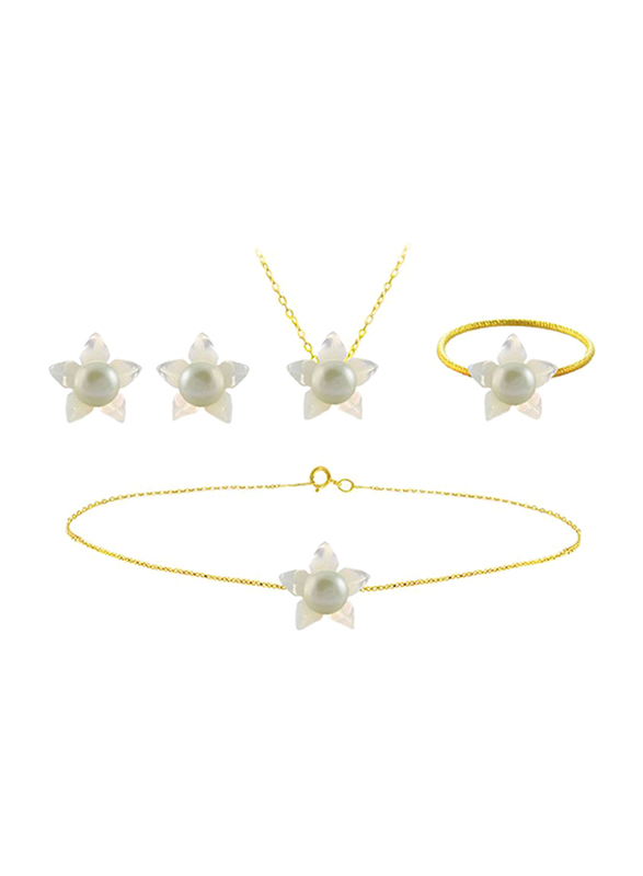 Vera Perla 5-Pieces 18k Solid Yellow Gold Jewellery Set for Women, with 13mm Mother of Pearl Flower Shape and 7mm Pearl, White