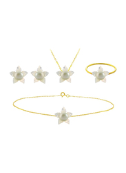 Vera Perla 5-Pieces 18k Solid Yellow Gold Jewellery Set for Women, with 13mm Mother of Pearl Flower Shape and 7mm Pearl, White