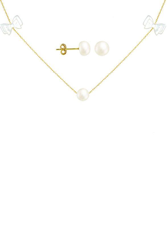 Vera Perla 3-Pieces 18k Yellow Gold Strand Jewellery Set for Women, with Necklace, Bracelet and Earrings, with Pearl and Bows Cut Mother of Pearl Pendant, Gold/White