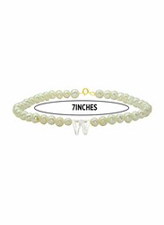 Vera Perla 18K Gold Strand Beaded Bracelet for Women, with Letter W Mother of Pearl and Pearl Stone, White