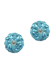Vera Perla 10K Solid Gold Stud Earrings for Women, with 10 mm Crystal Ball, Gold/Sky Blue