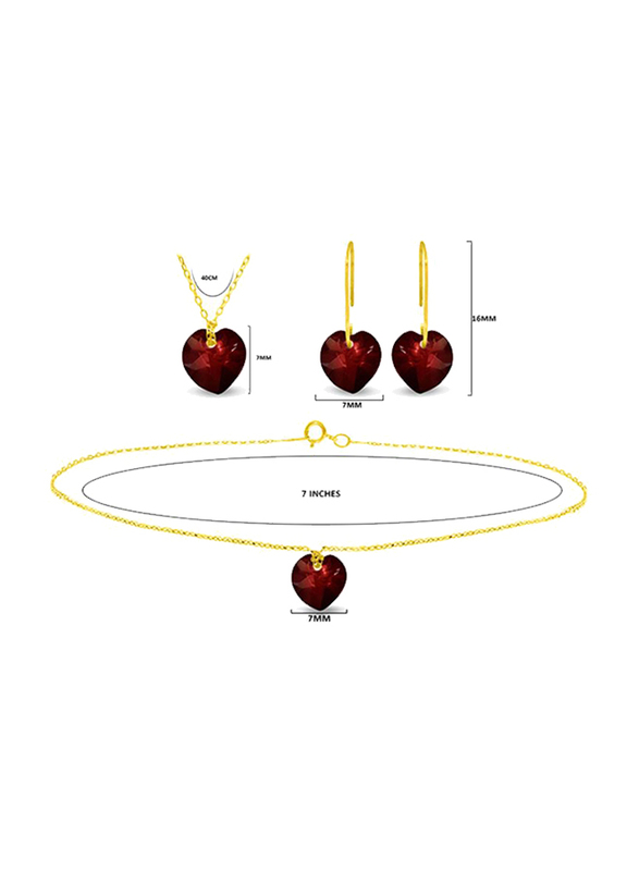 Vera Perla 3-Pieces 10K Solid Yellow Gold Jewellery Set for Women, with Necklace, Bracelet and Earrings, with 7mm Garnet Stone, Gold/Red