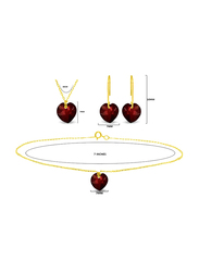 Vera Perla 3-Pieces 10K Solid Yellow Gold Jewellery Set for Women, with Necklace, Bracelet and Earrings, with 7mm Garnet Stone, Gold/Red