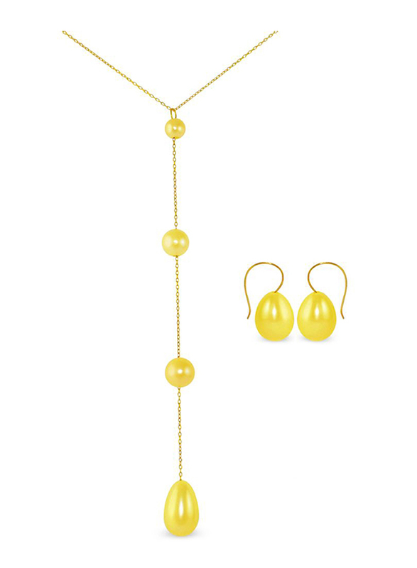 فيرا بيرلا طقم مجوهرات من الذهب عيار 18 قيراط للنساء،مكون من قلادة وأقراط،مع تعليقات ثابتة من أحجار اللؤلؤ - أصفر