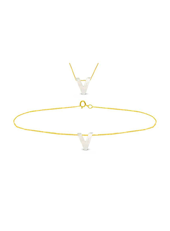 Vera Perla 2-Pieces 18k Yellow Gold V Letter Jewellery Set for Women, with Necklace and Earrings, with Mother of Pearl Stone, Gold/White