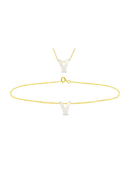 Vera Perla 2-Pieces 18k Yellow Gold V Letter Jewellery Set for Women, with Necklace and Earrings, with Mother of Pearl Stone, Gold/White