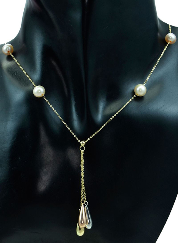 Vera Perla 18K Solid 3 Tone Gold Drop Pendant Necklace for Women, with Gradual Built In Pearl Stone, Peach