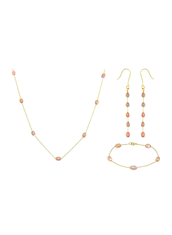 Vera Perla 3-Pieces 10K Gold Jewellery Set for Women, with Pearls Stone, Necklace, Bracelet and Earrings, Gold/Pink