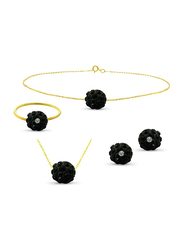 Vera Perla 4-Pieces 18K Solid Yellow Gold Simple Pendant Necklace, Bracelet, Ring and Earrings Set for Women, with 10mm Crystal Ball, Black/Gold