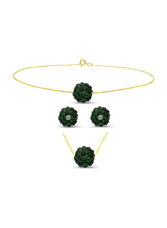 Vera Perla 3-Pieces 18K Solid Yellow Gold Simple Pendant Necklace, Bracelet and Earrings Set for Women, with 10mm Crystal Ball, Green/Gold