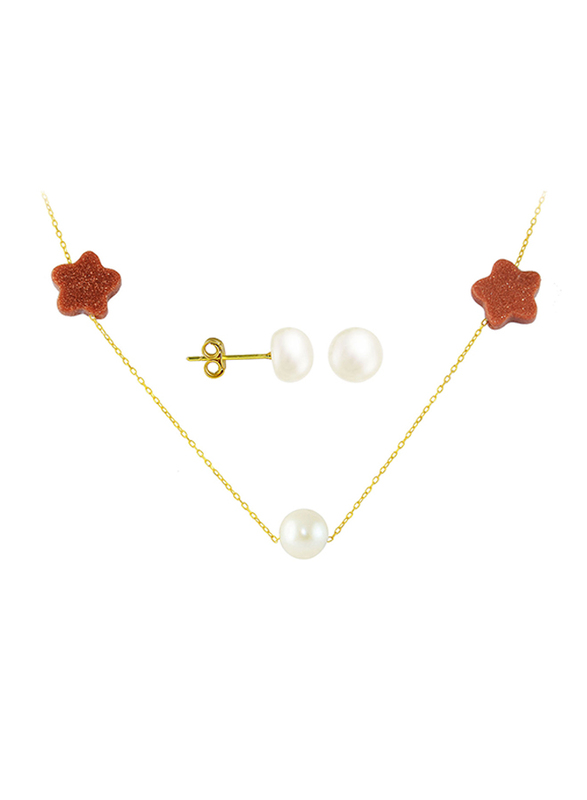 Vera Perla 2-Pieces 18k Gold Jewellery Set for Women, with Necklace and Earrings, with Star Shape Sunstones and Pearl, Gold/White/Red