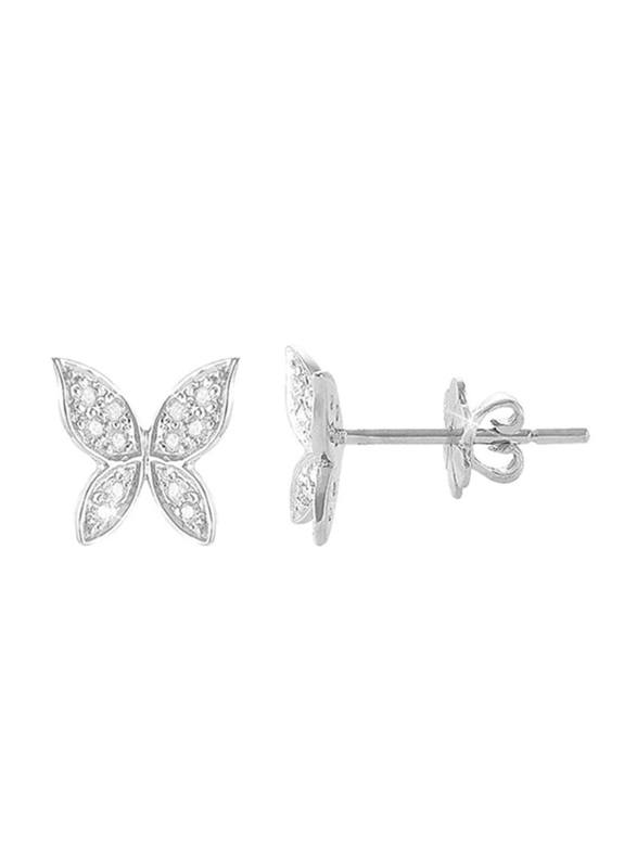 Vera Perla 18K White Gold Butterfly Stud Earrings for Women, with 0.12 ct Diamond, Silver