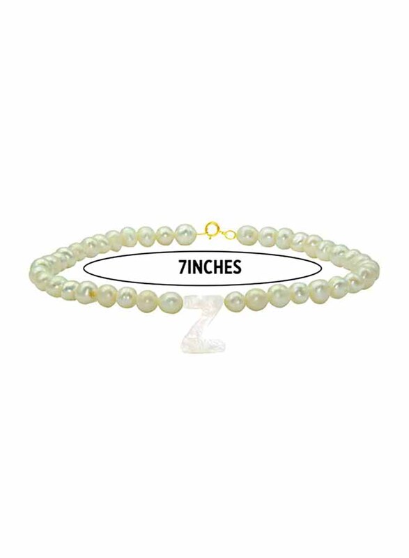 Vera Perla 18K Gold Strand Beaded Bracelet for Women, with Letter Z Mother of Pearl and Pearl Stone, White