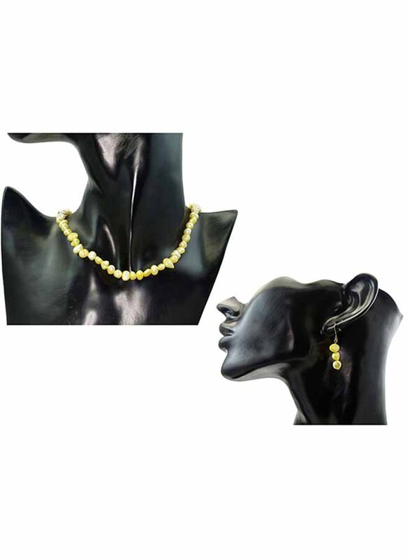 Vera Perla 2-Pieces 18K Yellow Gold Strand Jewellery Set for Women, with Necklace and Earrings, with Pearl Stones, Gold