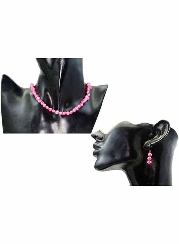 Vera Perla 2-Pieces 10K Gold Strand Jewellery Set for Women, with 38cm Necklace and Earrings, with Pearl Stones, Pink
