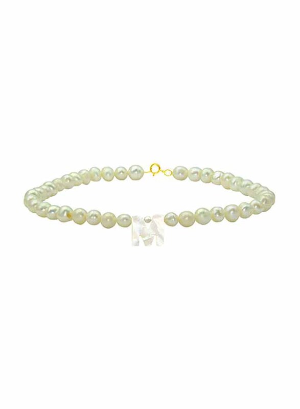 Vera Perla 18K Gold Strand Beaded Bracelet for Women, with Letter M Mother of Pearl and Pearl Stone, White