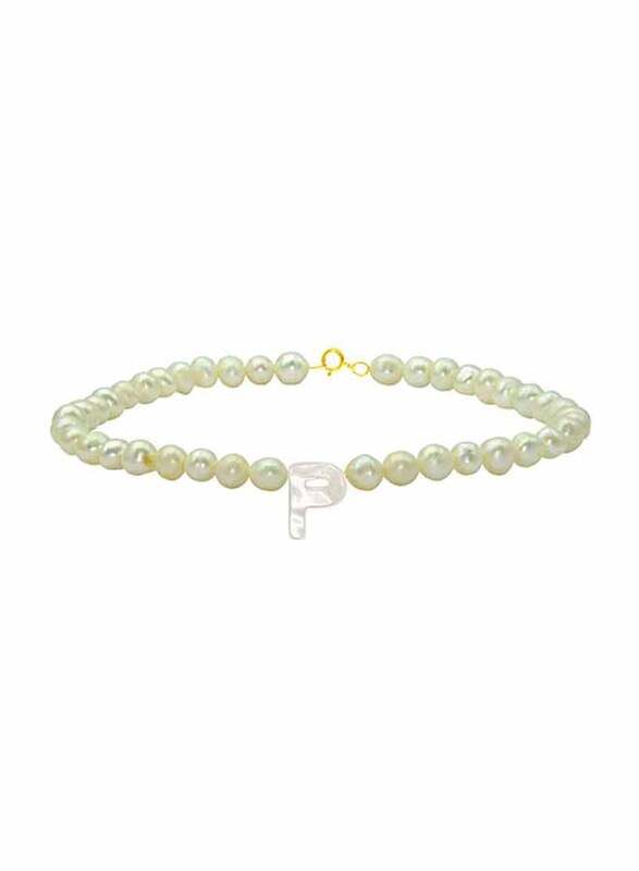 Vera Perla 10K Gold Strand Beaded Bracelet for Women, with Letter P Mother of Pearl and Pearl Stone, White