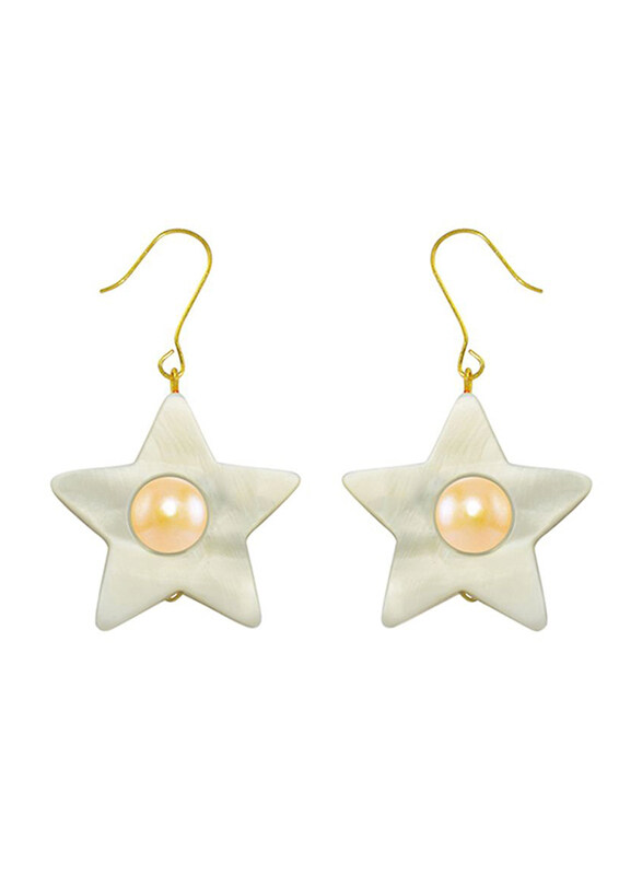 Vera Perla 18K Solid Yellow Gold Simple Dangle Earrings for Women, with Star Shape Mother of Pearl and 6-7mm Pearl Stone, White/Gold/Peach