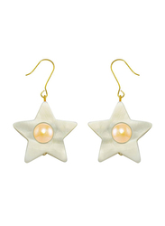 Vera Perla 18K Solid Yellow Gold Simple Dangle Earrings for Women, with Star Shape Mother of Pearl and 6-7mm Pearl Stone, White/Gold/Peach