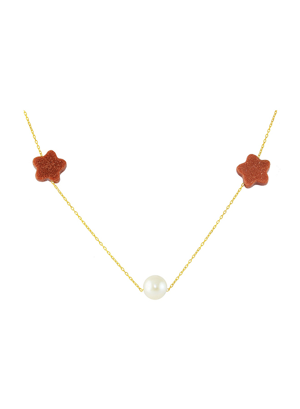 Vera Perla 18k Gold Bib Necklace for Women, with Star Sandstone and Pearl, Gold/White/Red
