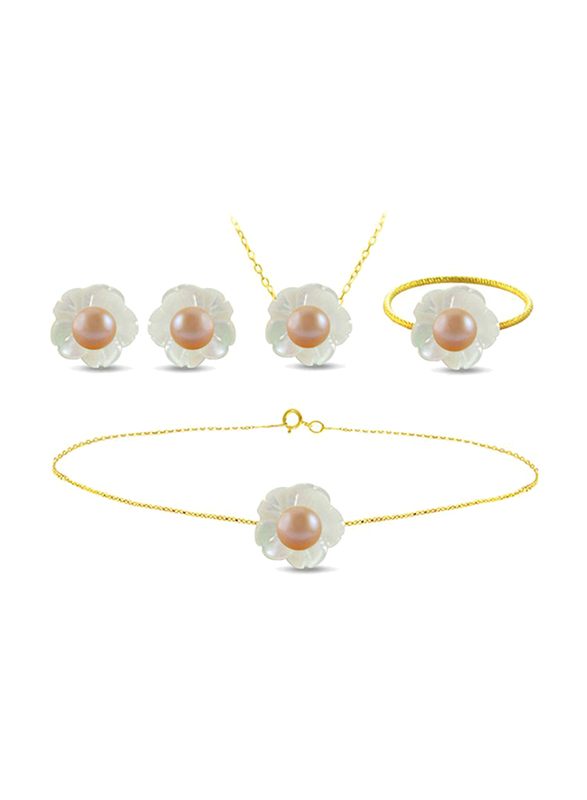 Vera Perla 4-Pieces 18K Solid Yellow Gold Jewellery Set for Women, with Necklace, Bracelet, Earrings and Ring, with Mother of Pearl Shell and 4mm Pearl Stones, White/Beige