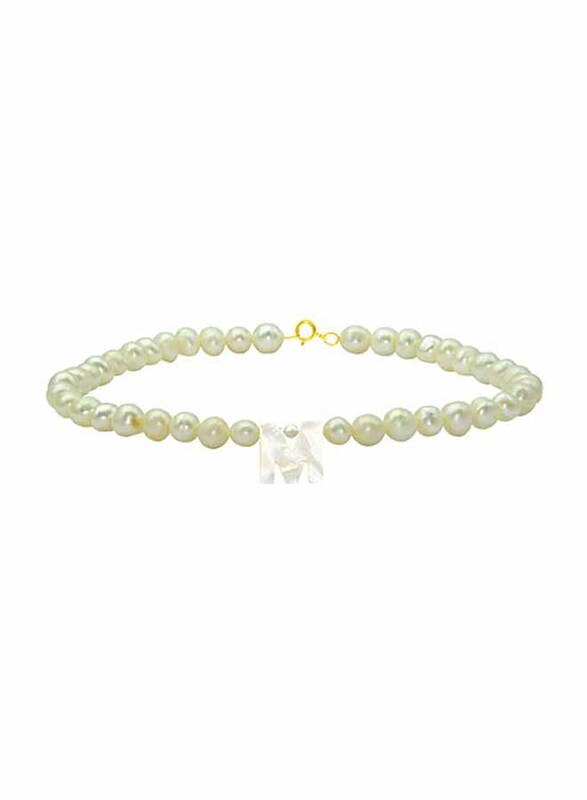 Vera Perla 10K Gold Strand Beaded Bracelet for Women, with Letter M Mother of Pearl and Pearl Stone, White