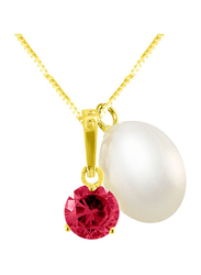 Vera Perla 18K Solid Yellow Gold Necklace for Women, with Zircon and 7 mm Pearl Stone Pendant, Pink/Gold/White