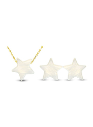 Vera Perla 2-Pieces 10K Gold Jewellery Set for Women, with Necklace and Earrings, with Star Shape Mother of Pearl Stone, White/Gold