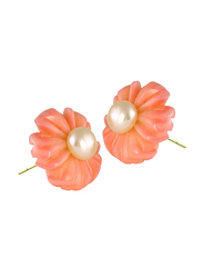 Vera Perla 18K Yellow Gold Ball Earrings for Women, with Coral Flower Shape Pearl Stone, Gold/Orange/White
