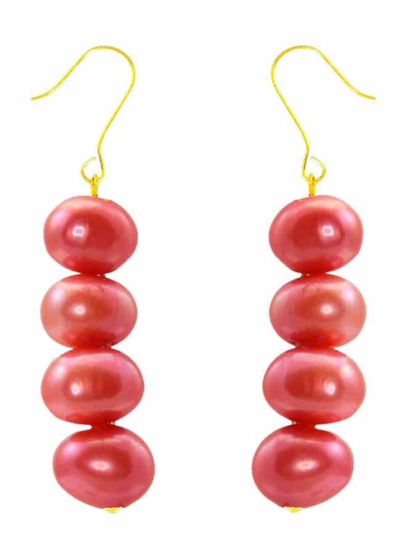 Vera Perla 10 Karat Gold Drop Earrings for Women, with Pearl Stones, Red