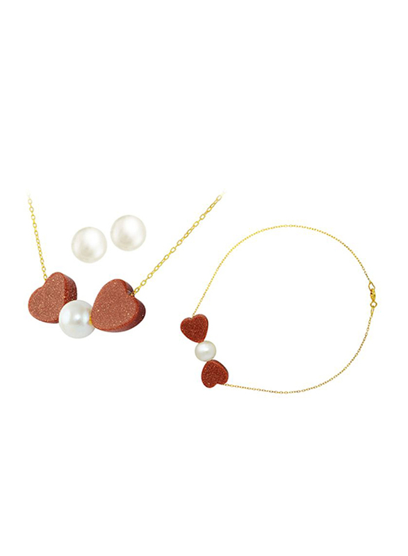 Vera Perla 3-Pieces 18k Gold Jewellery Set for Women, with Necklace, Bracelet and Earrings, with Heart Sandstone and Pearl, Gold/White/Red