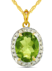 Vera Perla 18K Gold Necklace for Women, with 0.12ct Diamonds and Oval Cut Peridot Stone Pendant, Gold/Green