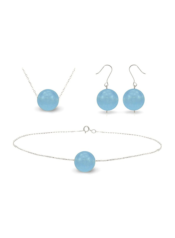 Vera Perla 3-Pieces 18K Solid White Gold Earring, Bracelet and Necklace Set for Women, with Necklace, Bracelet and Earrings, with 10 mm Jade Stone, Blue/Silver