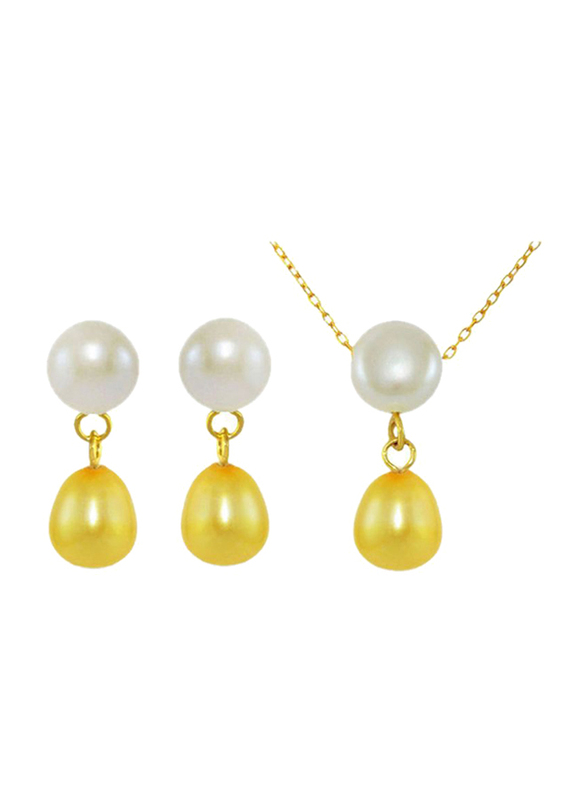 Vera Perla 3-Pieces 18k Yellow Gold Drop Jewellery Set for Women, with Necklace, Bracelet and Earrings, with Pearl Stone, White/Yellow
