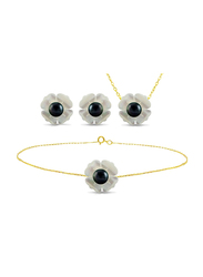 Vera Perla 3-Pieces 18K Solid Yellow Gold Jewellery Set for Women, with Necklace, Bracelet and Earrings, with 13mm Mother of Pearl Flower Shape, with 4 mm Pearl Stones, Gold/Jade/Black