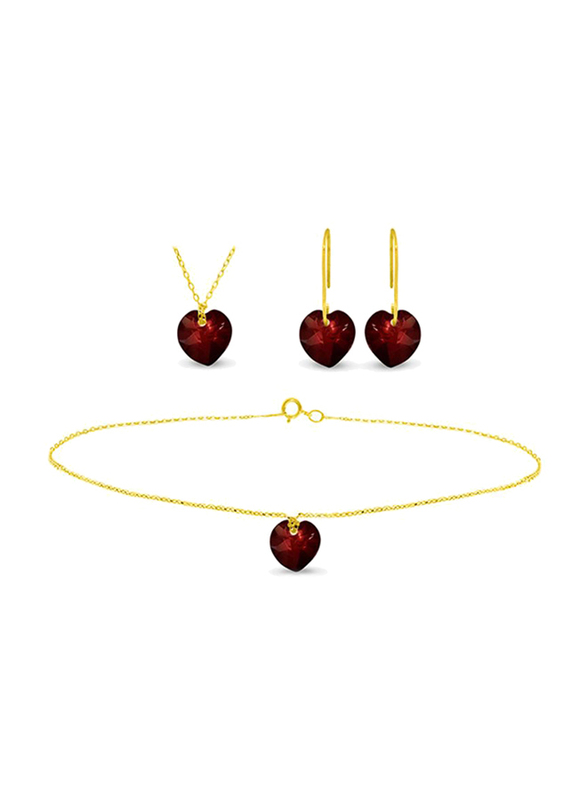 Vera Perla 3-Pieces 18K Solid Yellow Gold Jewellery Set for Women, with Necklace, Bracelet and Earrings, with 7mm Garnet Stone, Gold/Red