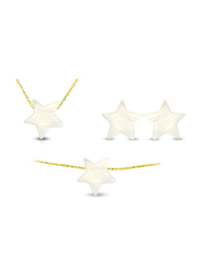 Vera Perla 3-Pieces 18K Gold Jewellery Set for Women, with Necklace, Earrings and Bracelet, with Star Shape Mother of Pearl Stone, White/Gold