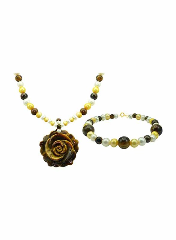 Vera Perla 2-Pieces 10k Solid Yellow Gold Jewellery Set for Women, with Necklace and Earrings, with 5-10mm Pearls and Tiger Eye Stone, Brown/Yellow/White