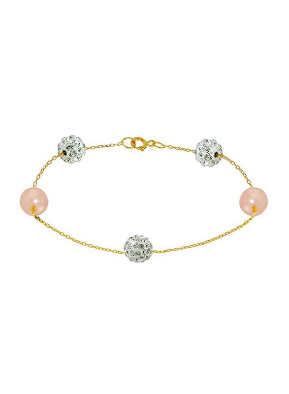 Vera Perla 18K Solid Gold Chain Bracelet, with Gradual Built-in Crystal Ball and Pearl Stone, Gold/Pink/Clear