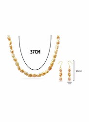 Vera Perla 2-Pieces 18K Gold Strand Jewellery Set for Women, with Necklace and Earrings, with Pearl Stones, Beige