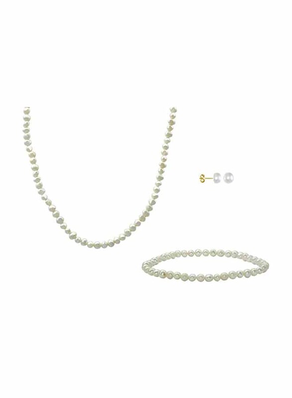 Vera Perla 3-Pieces 18K Gold Jewellery Set for Women, with Necklace, Bracelet and Stud Earrings, with Pearl Stones, White