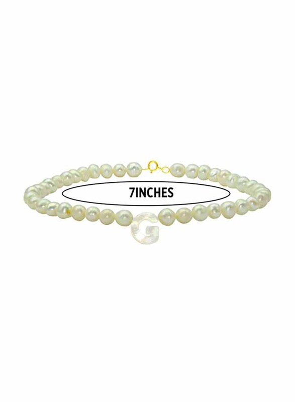 Vera Perla 18K Gold Strand Beaded Bracelet for Women, with Letter G Mother of Pearl and Pearl Stone, White