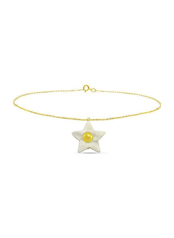 Vera Perla 18K Solid Yellow Gold Chain Bracelet for Women, with Star Shape Mother of Pearl and 6-7mm Freshwater Pearl Stone, Gold/White/Yellow