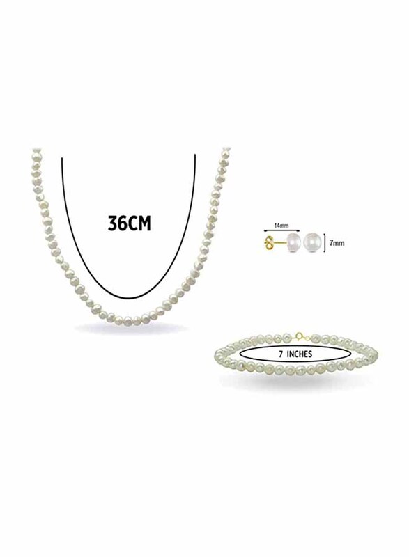 Vera Perla 3-Pieces 10K Gold Jewellery Set for Women, with Necklace, Bracelet and Earrings, with Pearl Stones, White