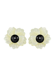 Vera Perla 18K Solid Yellow Gold Screw Back Earrings for Women, with 19mm Flower Shape Mother of Pearl and 6-7mm Pearl Stone, Jade/Black