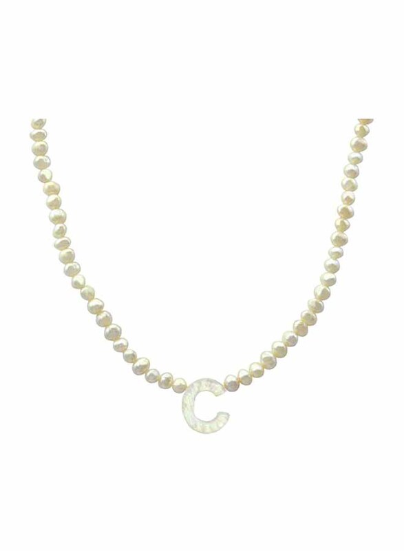 Vera Perla 10K Gold Strand Pendant Necklace for Women, with Letter C and Pearl Stones, White